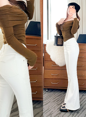 设计感！加厚绒白色紧身微喇叭牛仔裤女V腰裁剪蜜桃提臀弹力长裤