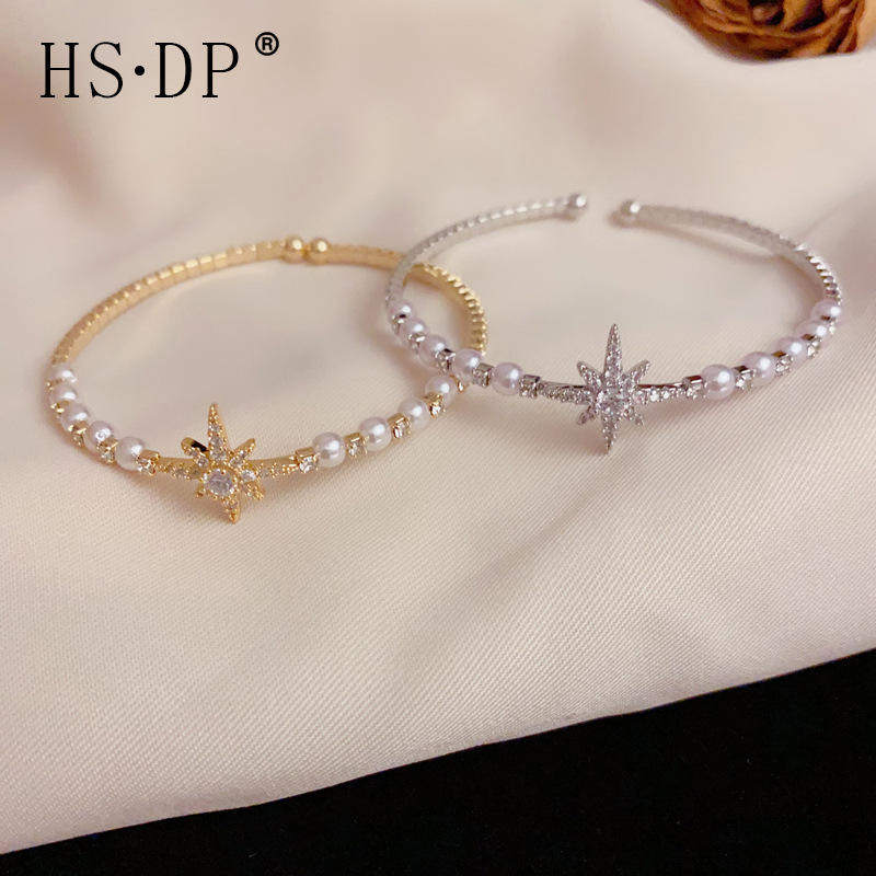 法式复古微镶锆石八芒星珍珠手镯精致轻奢百搭开口可调节手饰