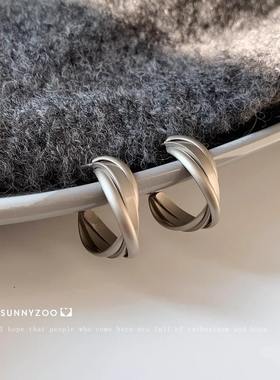 旺角街道交叉线条枪灰色耳环小众韩系简约设计高级感耳饰热销