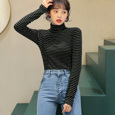 秋季高领打底衫女纯棉条纹修身