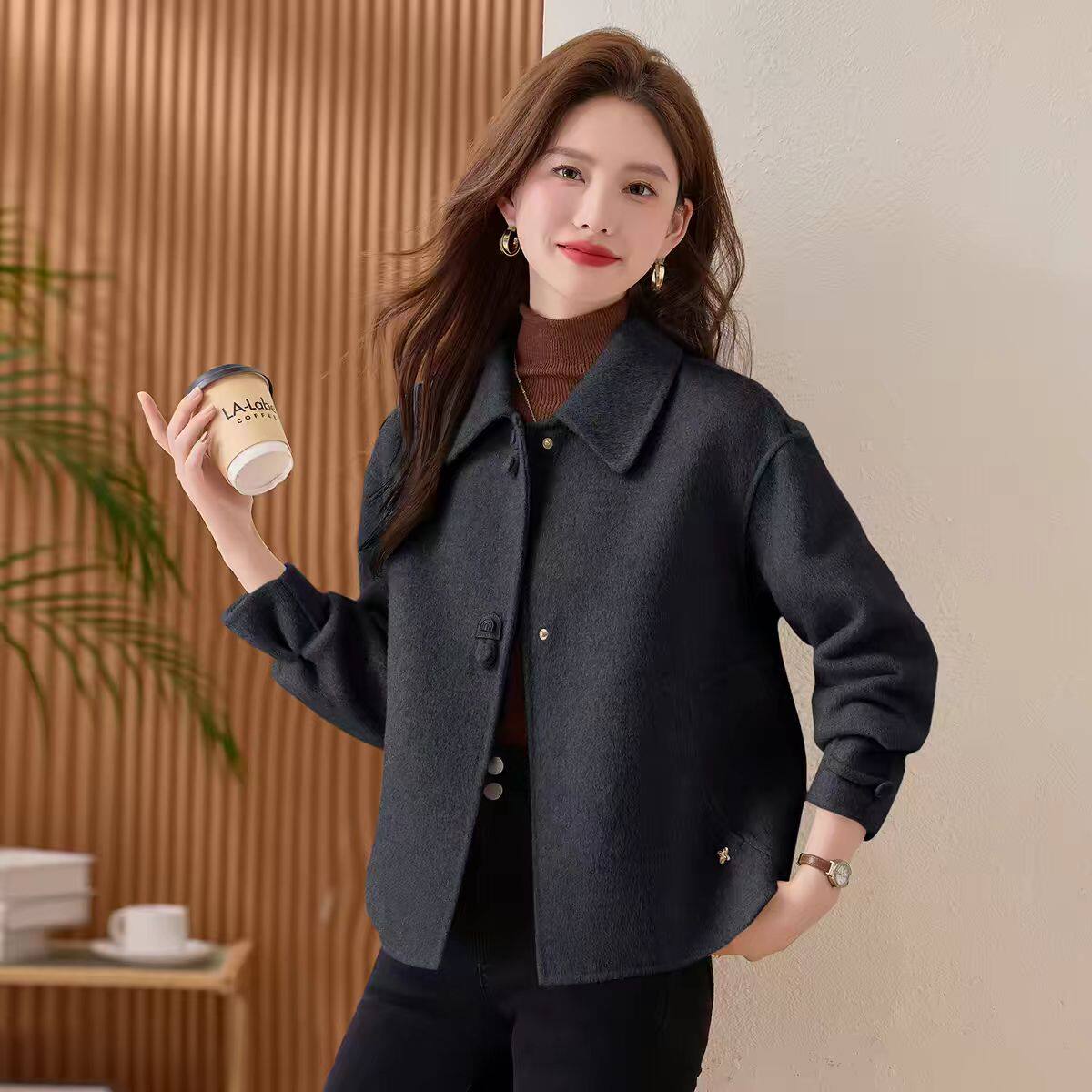 双面羊绒大衣女短款时尚显瘦小个子2026春季羊毛呢外套女宽松版