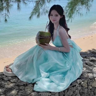 法式 海边度假挂脖沙滩长裙 格子v领吊带连衣裙子女夏季 2025年新款