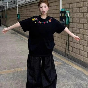 重磅纯棉设计感上衣 大码 300斤创意涂鸦印花短袖 t恤女夏季 2025新款