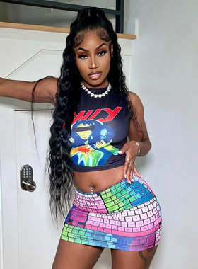 K24SK225 欧美跨境2024夏季个性街头键盘3D印花修身包臀短裙