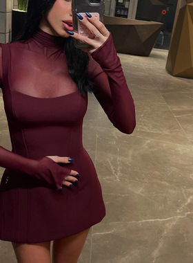 亚马逊女装新品法式方领气质网纱拼接纯色简约时尚收腰A字连衣裙