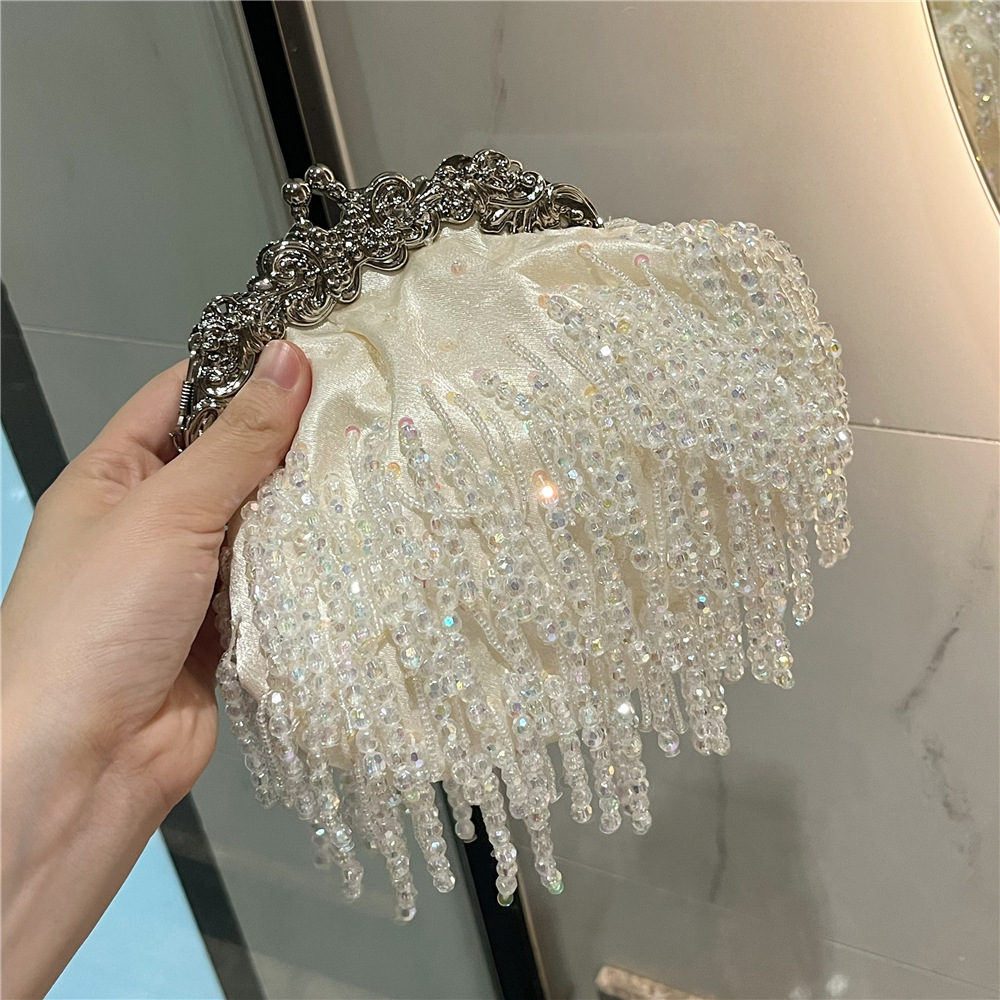 串珠流苏口金包名媛淑女旗袍包珍珠链条缎面小包包高级感斜挎软包