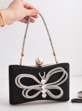 跨境爆款晚宴包黑色百搭气质礼服蝴蝶结晚宴包手拿斜跨包潮州