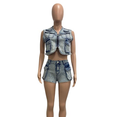 51065 跨境新款 现货 热卖多袋马甲休闲弹力套装 女装