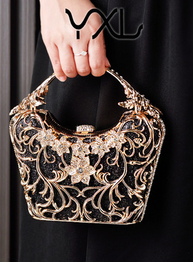 跨境现货黑色晚宴包高级感镂空派对手拿包闪亮宴会包源头