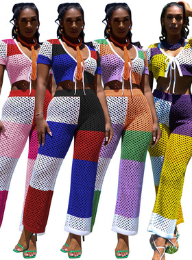 夏休闲套装F88442现货欧美亚马逊热卖镂空提花定位透气运动套装