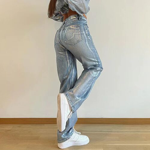 Hot silver high waisted straight leg jeans烫银直筒长牛仔裤