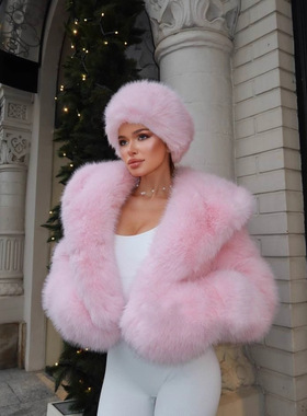 跨境粉色皮草外套女装夹克人造毛大衣冬季粉红狐狸毛连帽毛绒上衣