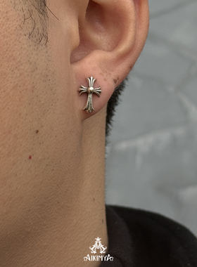 AIKIMYA复古做旧十字架925纯银耳钉时尚百搭高级感男女情侣耳饰潮