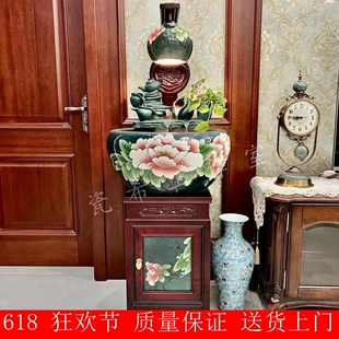 景德镇陶瓷鱼缸柜式金鱼缸落地鱼缸家用玄关客厅养鱼盆办公室摆件