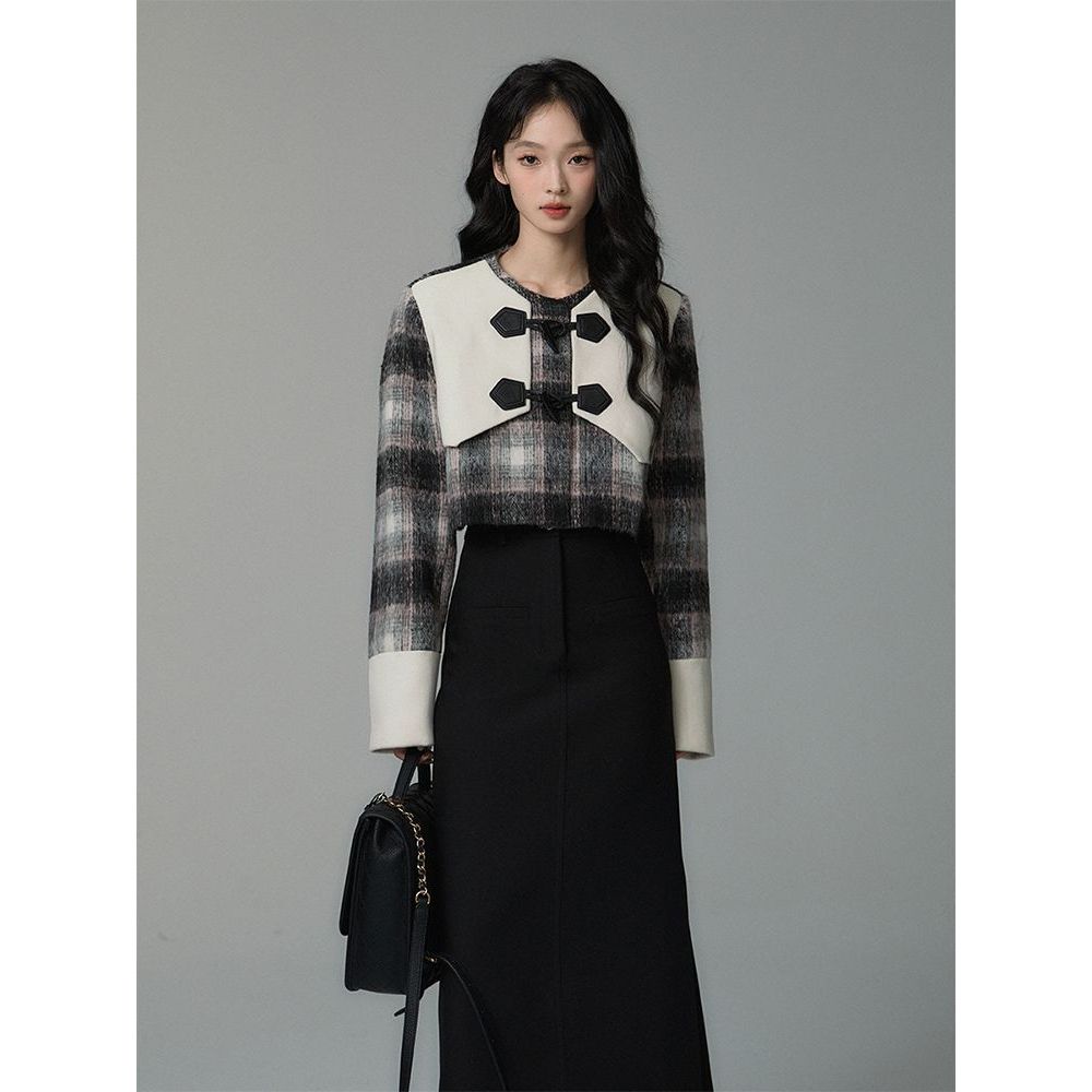 法式复古设计感拼接秋冬短外套宫廷风高级感毛呢外套女两件套套装