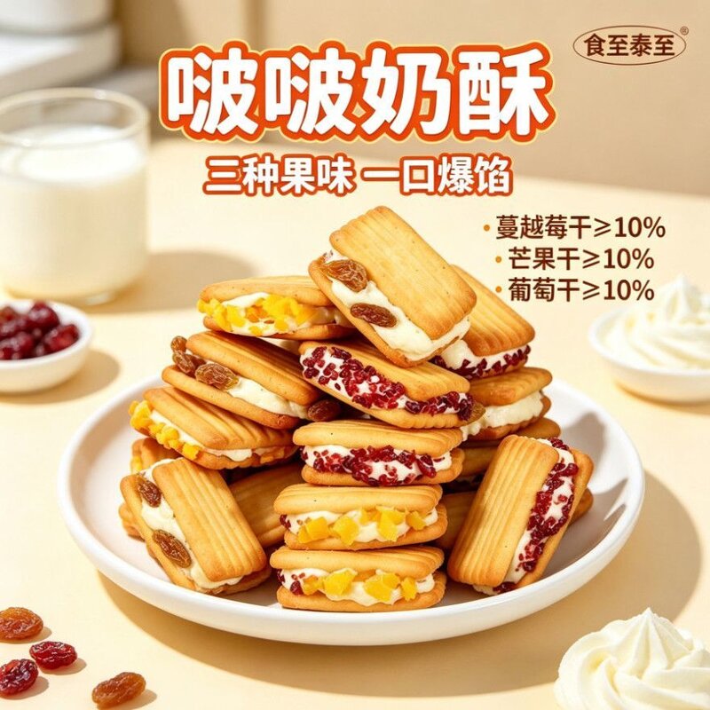 啵啵奶酥果干拉丝牛轧夹心饼干芒果蔓越莓葡萄干休闲零食独立包装