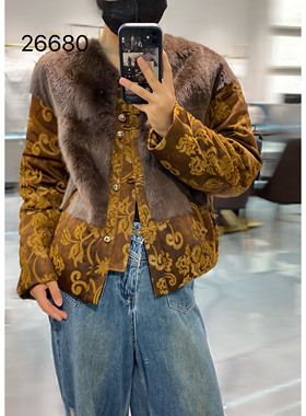 骊伊-26680原创水貂毛桑蚕丝提花轻国风鹅绒服外套