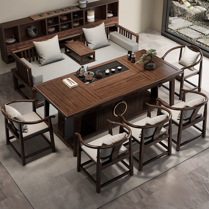 新中式乌金木茶桌椅组合一桌五椅办公客厅禅意实木泡茶台家用茶几