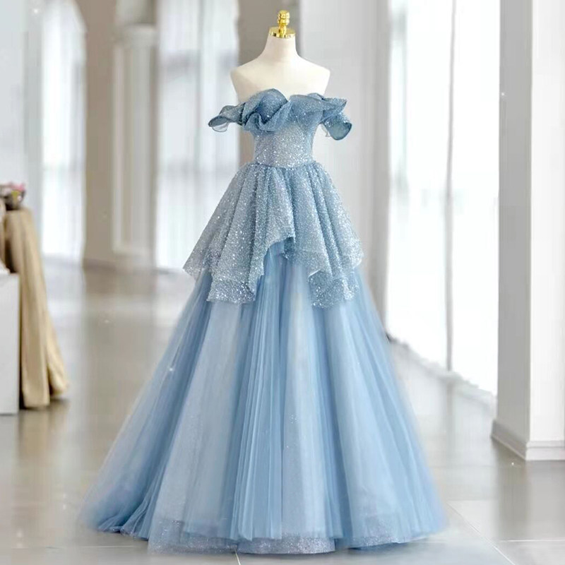 蓝色一字肩晚礼服女2023新款高级感法式轻奢小众高端生日婚纱成人