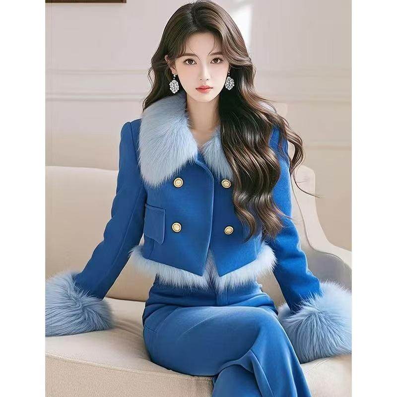 今年流行漂亮名媛小香风气质高级感蓝色麂皮外套长裤两件套装女冬,女装/女士精品,时尚套装,淘宝优惠券,粉丝福利购,淘宝优惠卷
