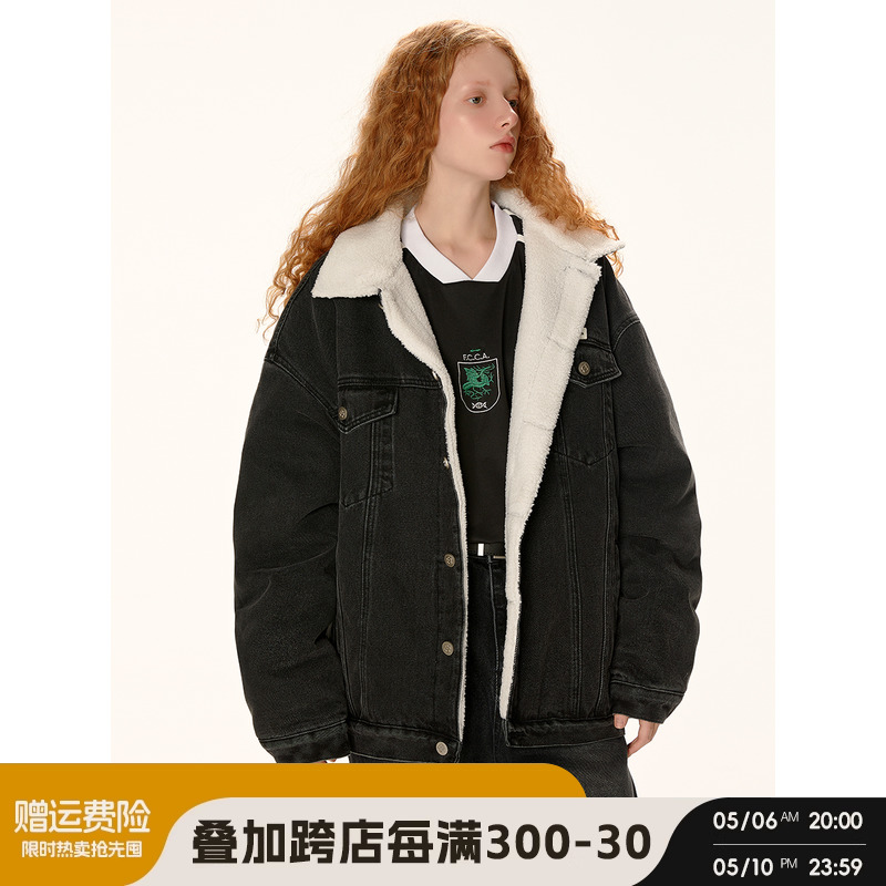 BEETLE TOWN 复古仿羊羔毛牛仔外套女冬美式潮牌加绒加厚棉服夹克