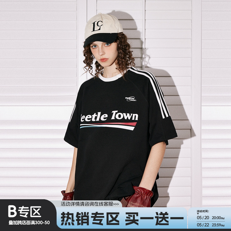 BEETLE TOWN三条杠美式复古短袖t恤女夏季圆领纯棉印花打底体恤衫 女装/女士精品 T恤 原图主图