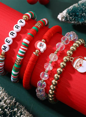 跨境欧美圣诞节女手链红绿色老人头雪花软陶串珠字母手链女