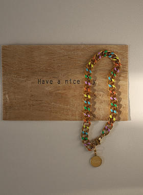 彩虹幸运币 圆形滴油彩色粗款链条手链时尚女款 钛钢镀金色