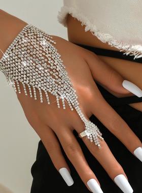 欧美跨境外贸饰品 闪钻水钻手链舞台模特表演流苏女手环指环晚宴