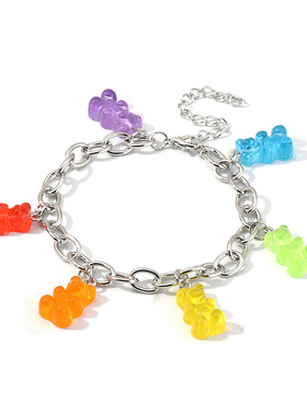 欧美跨境饰品 甜美糖果色小熊吊坠手链 银色粗链条手环首饰配饰