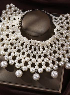 跨境欧美宫廷风珍珠宽体颈链夸张时尚女气质手工编制项链首饰配饰