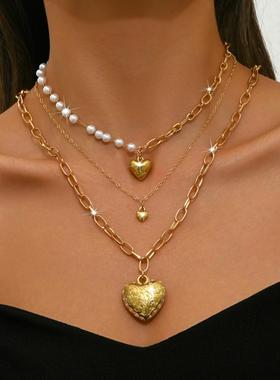 欧美跨境饰品 气质多层爱心链条珍珠可开盖桃心吊坠项链女 ins风