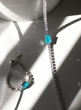 薄荷糖手链套组 仿帕拉伊巴蓝钻锆石钻链调节戒指 钛钢代发