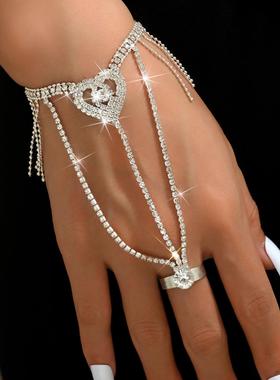 饰品供应 欧美跨境流行夜店模特表演水钻手指链流苏女手环指环