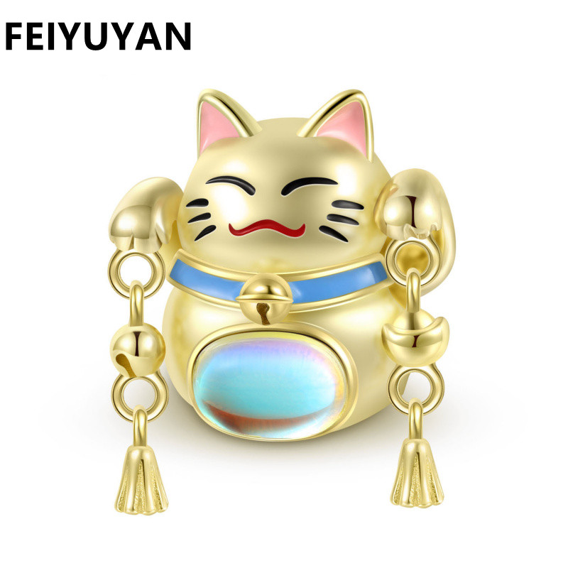 创意招财猫串珠S925纯银电镀14k金色月光石手链diy饰品配件珠子女