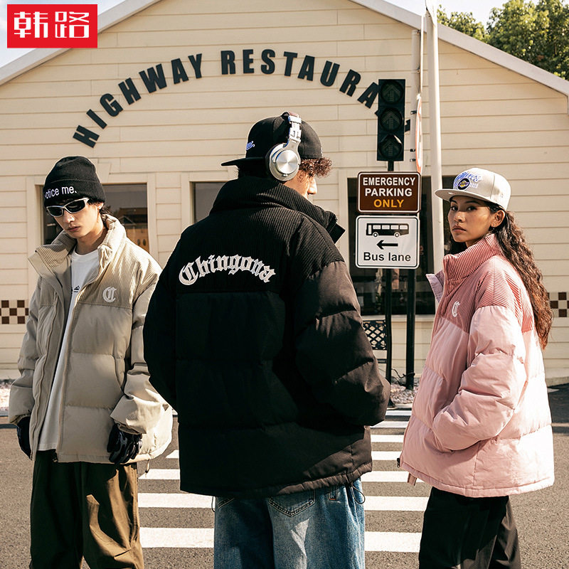 笑卖部美式嘻哈街头潮牌棉服冬季新款灯芯绒拼接哥特字母刺绣棉衣