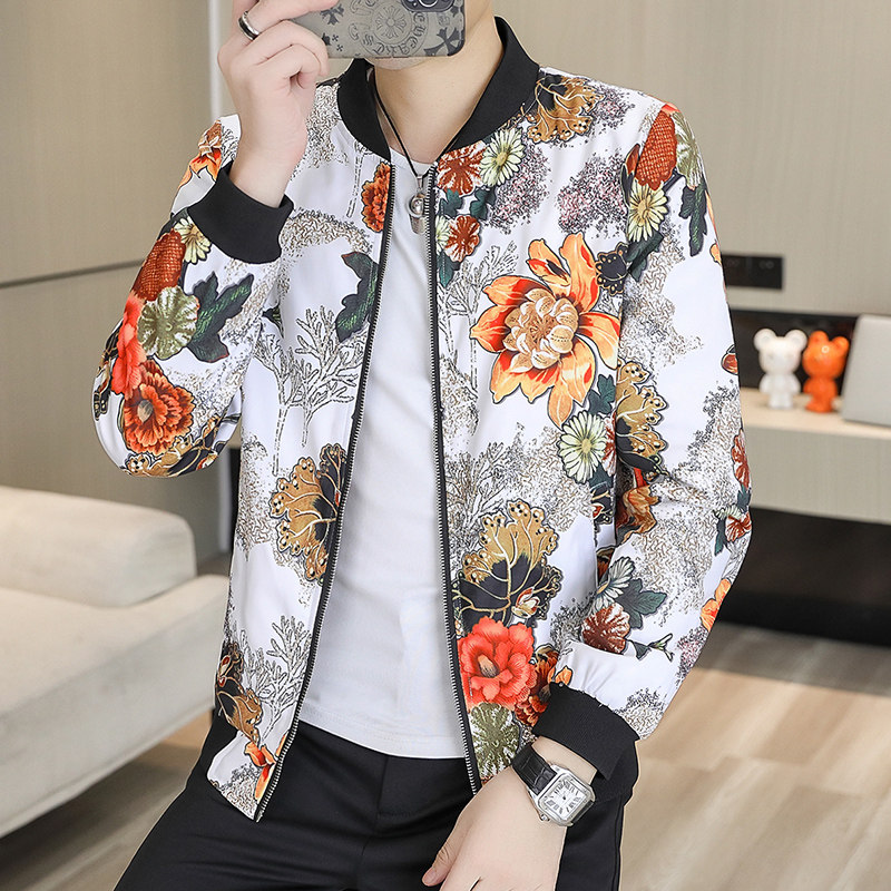春季新款男士花纹时尚休闲修身棒球领夹克衫男装印花外套9981p70,男装夹克,星座1507