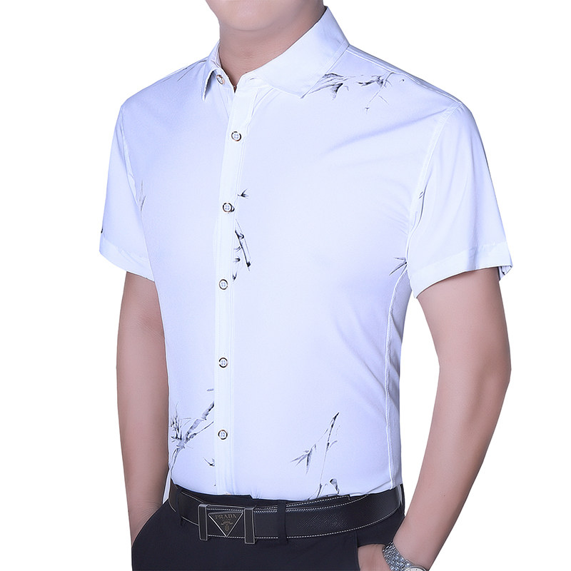 青年男式衬衫夏季潮男新弹力印花加肥大码短袖花衬衫C7041p45图片