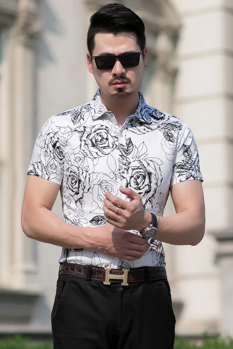 风夏季主推款男纯棉弹力时尚印花加肥加大码短袖衬衫7011p45,男装衬衫,星座1507