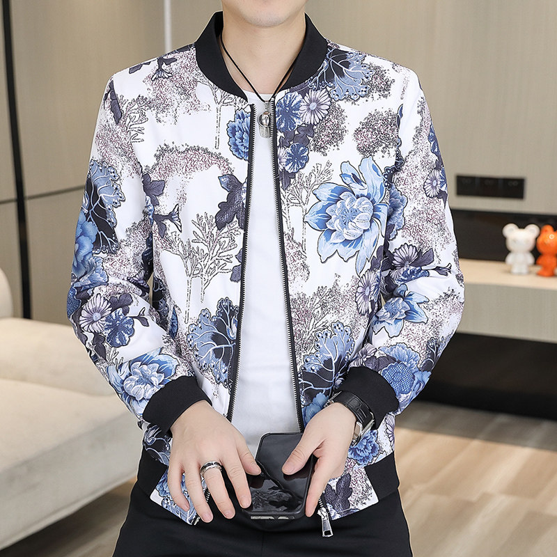 春季新款男士花纹时尚休闲修身棒球领夹克衫男装外套印花9981p70,男装夹克,星座1507