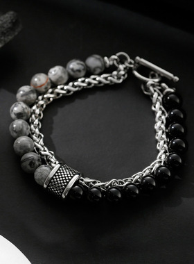 磨砂地图石双层钛钢转运手链男