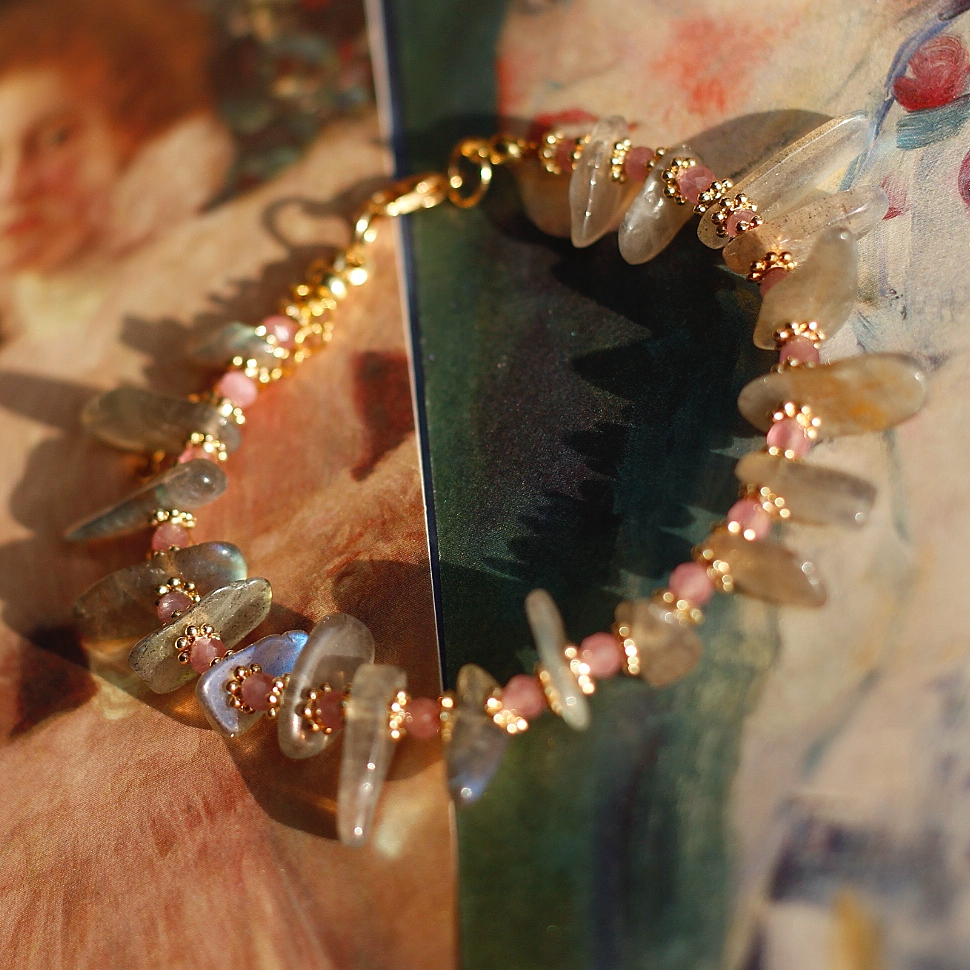 法国ETunique六月诞生辰石月光石14k包金设计感原创街头手链项链