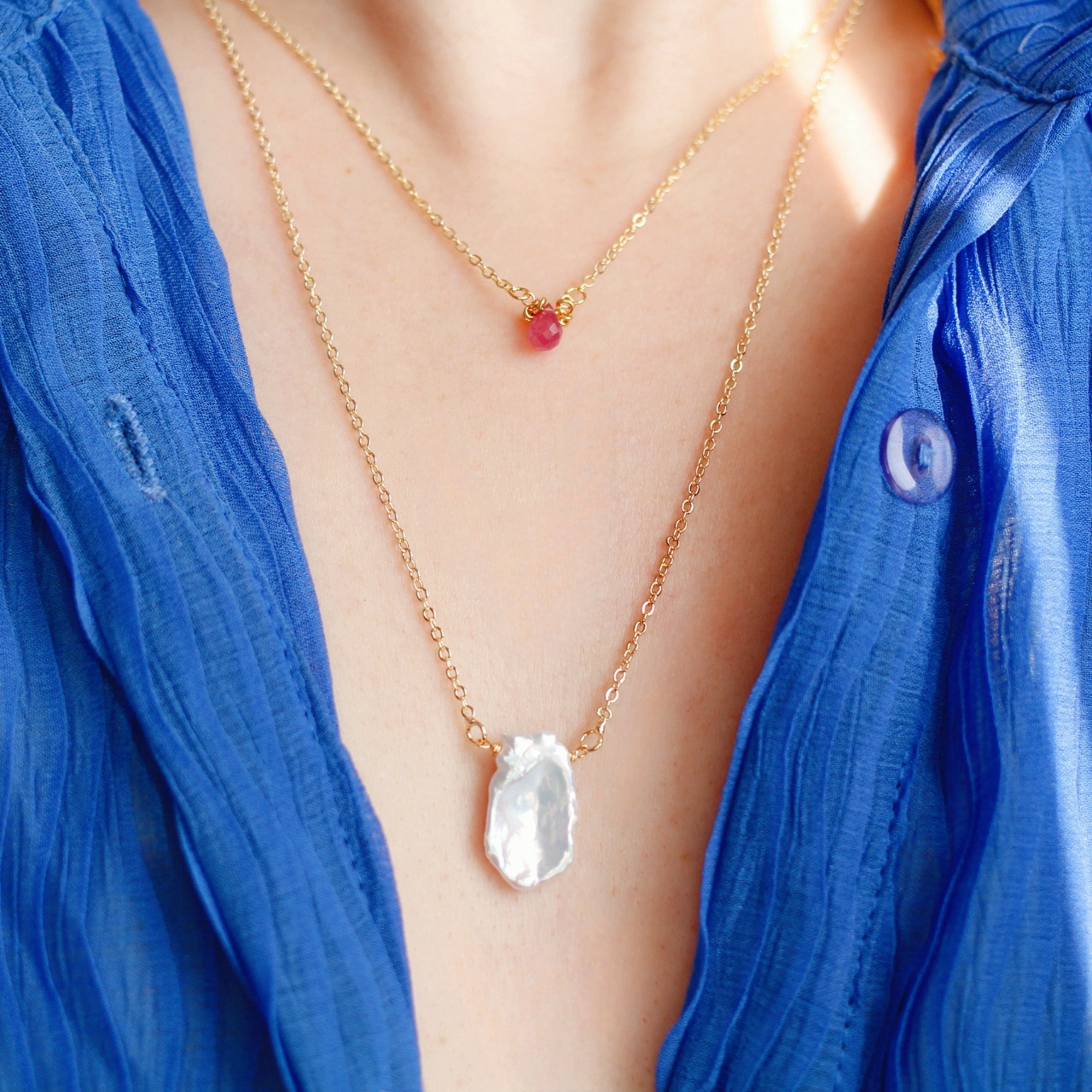 6/7六七月诞生辰石美国14k包金天然红宝石花瓣珍珠项链时尚锁骨链