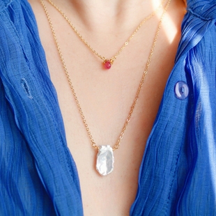 6/7六七月诞生辰石美国14k包金天然红宝石花瓣珍珠项链时尚锁骨链