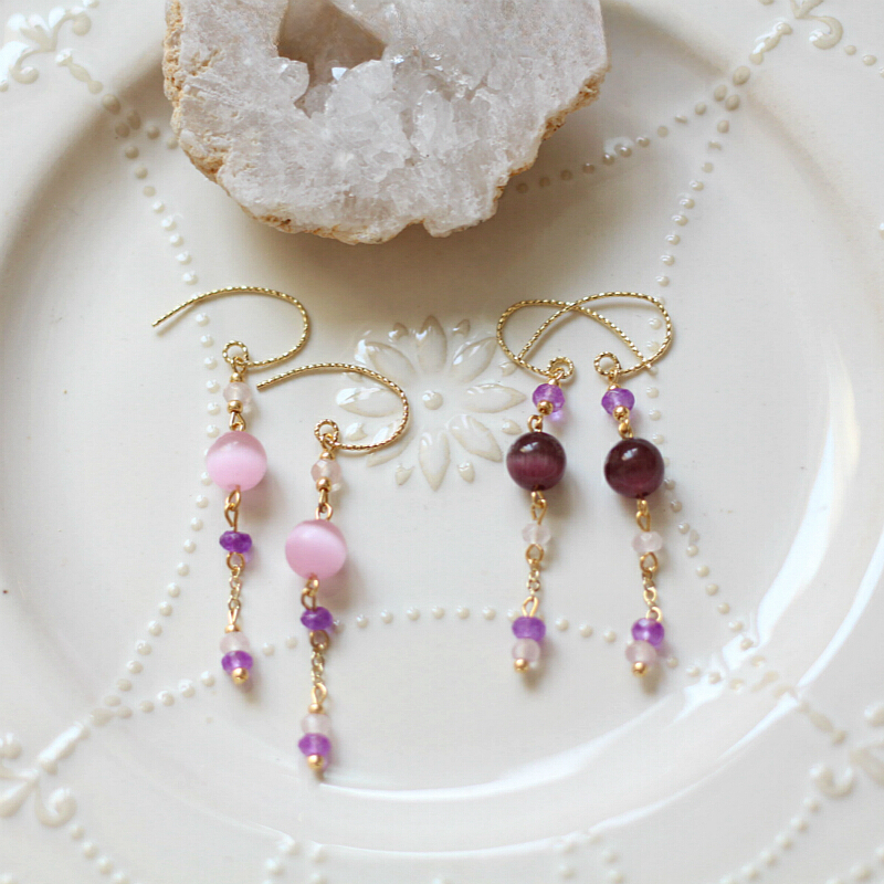 粉色猫眼石玉髓14k注包金耳环