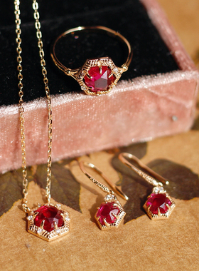 日系轻奢红宝石刚玉925银镀金耳环戒指吊坠锁骨链项链