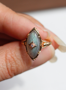 梦幻夜空日系轻奢AGET*同款星芒蓝光月光石925纯银厚镀金戒指女