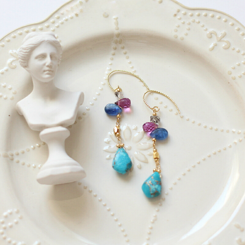 蓝晶石松石榴石14k注包金耳环