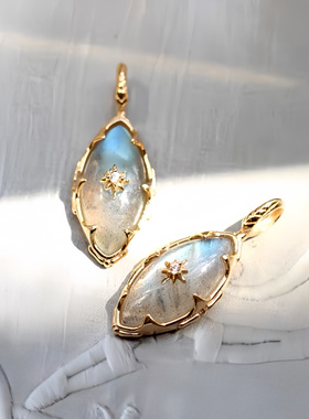 日系925银镀金天然月光拉长石复古吊坠锁骨项链戒指