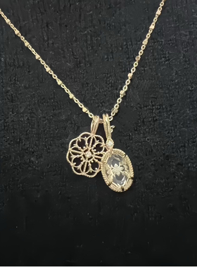 镜泉之诗复古中古天然白水晶精雕镂空花卉925银镀金戒指吊坠项链
